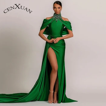 CENXUAN מודרני פיצול שמלות ערב חרוזים חריץ הקולר ללא משענת את הכתף לטאטא הרכבת גלימות דה לנשף ההזמנה 2023
